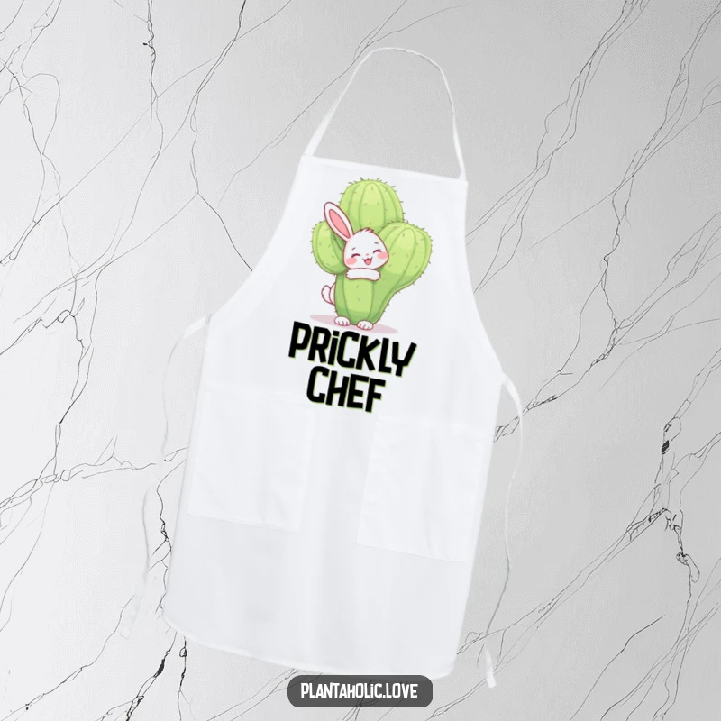 Funny bunny apron showing a cheerful bunny joyfully hugging a large, fuzzy cactus with a smile, ready for culinary fun.