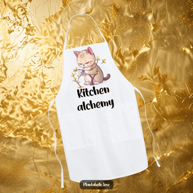 Funny Cat Pruner Apron showing a determined cat pruning a miniature tree with glowing leaves.