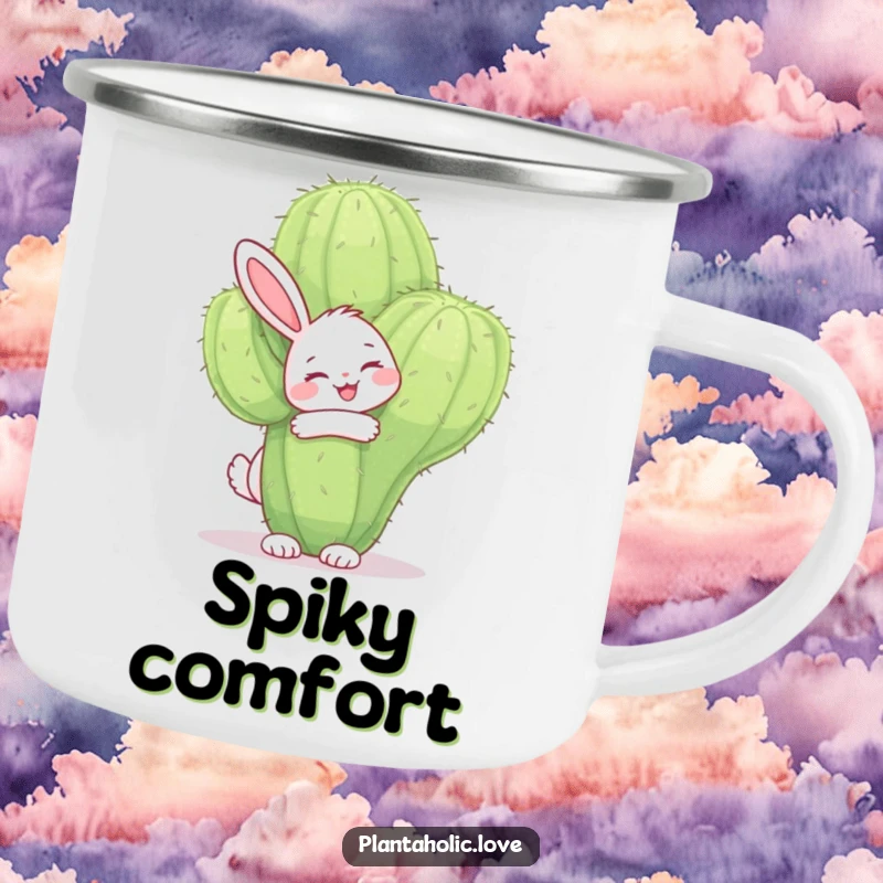 Funny bunny camping mug depicting a happy bunny joyfully hugging a large, fuzzy cactus with a smile, perfect for embracing the outdoors.