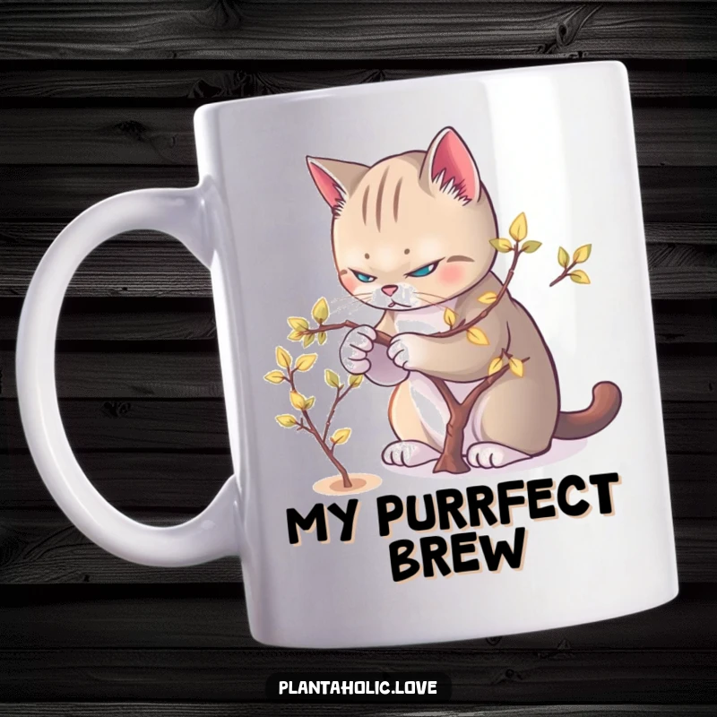 Funny Cat Pruner Mug showing a determined cat carefully trimming glowing leaves from a small tree.