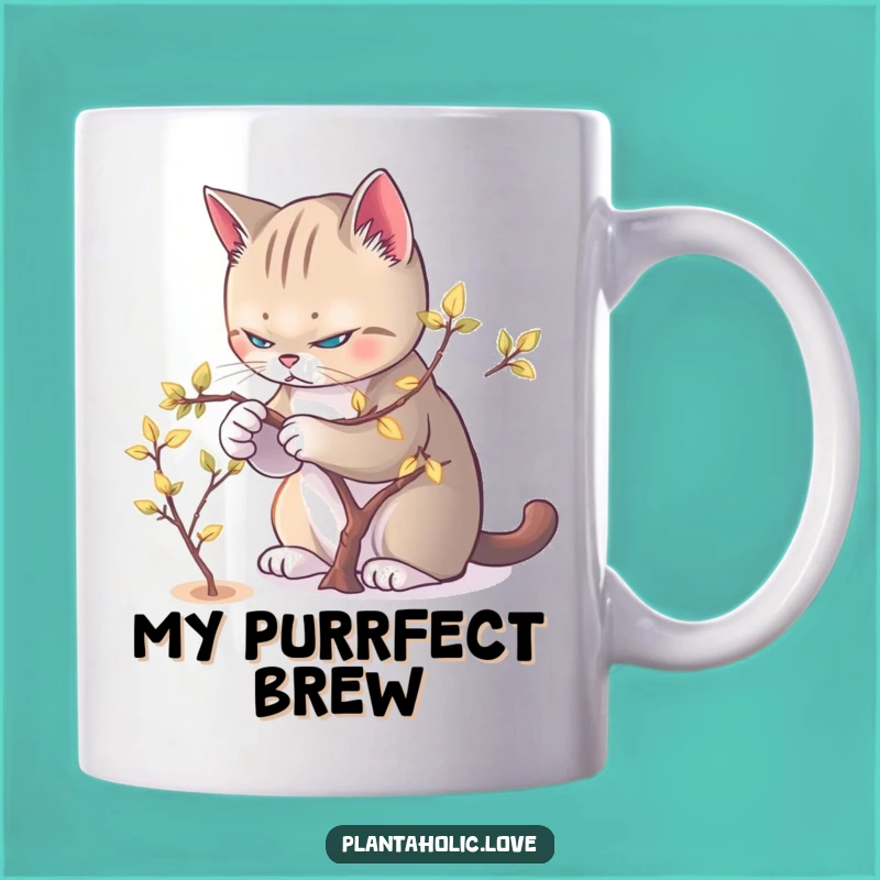 Funny Cat Pruner Mug: Determined Feline & Glowing Leaves, Unique Gift Idea