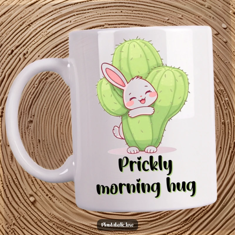 Funny bunny mug depicting a cheerful bunny joyfully hugging a large, fuzzy cactus with a big smile, showing unexpected affection.