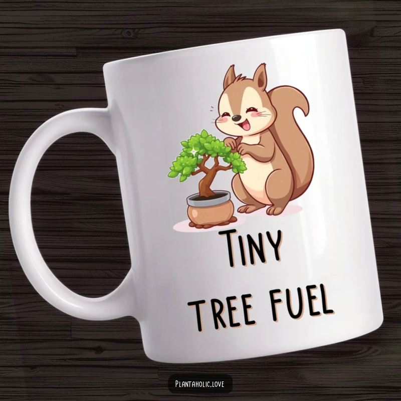 Funny squirrel mug depicting a busy squirrel enthusiastically repotting a tiny, sparkling bonsai tree with great care and joy.