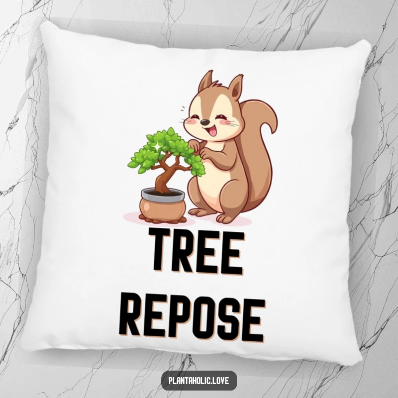 Funny squirrel pillow depicting a happy squirrel enthusiastically repotting a tiny, sparkling bonsai tree, offering comfort and a touch of nature.