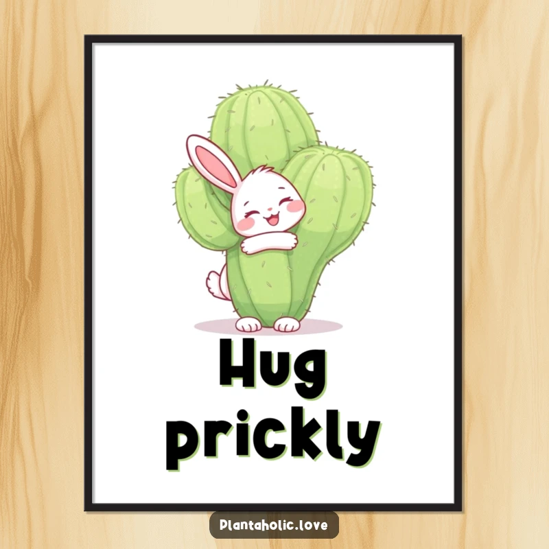 Funny bunny digital art print showing a joyful bunny joyfully hugging a large, fuzzy cactus with a smile, a sweet and amusing illustration.