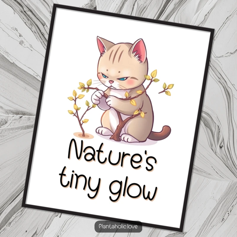 Funny Cat Pruner Digital Art Print of a determined cat pruning a miniature tree with glowing leaves.
