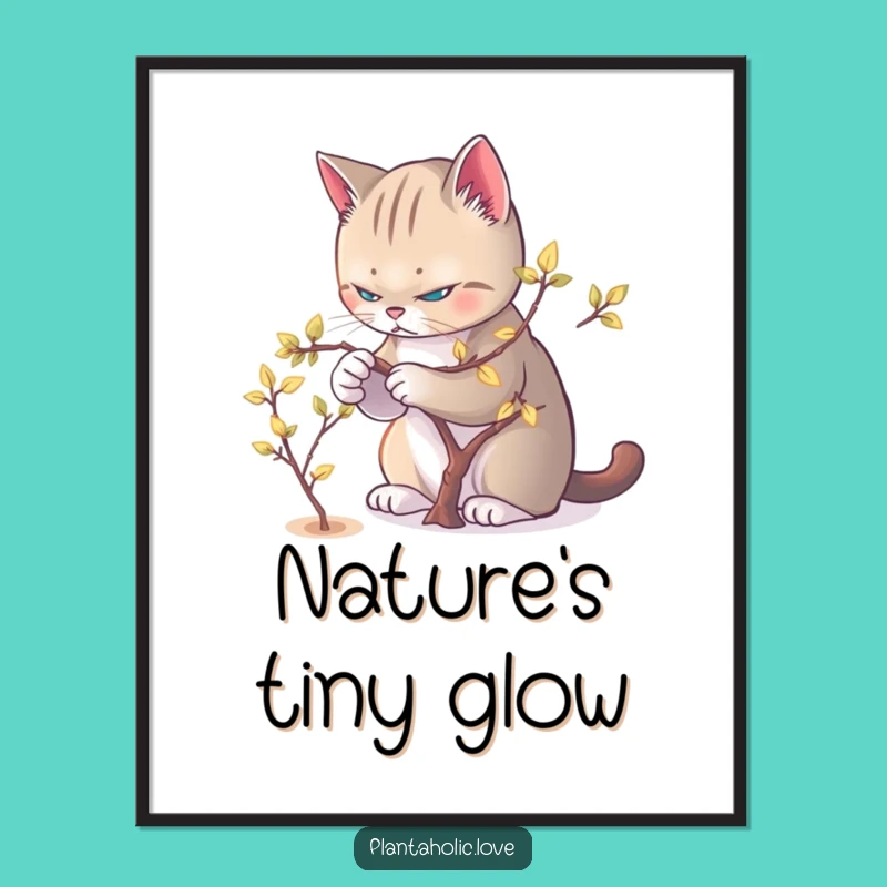 Funny Cat Pruner Digital Art: Meticulous Feline & Glowing Leaves Print