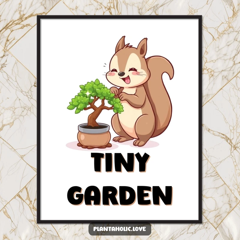 Funny squirrel digital art print showing a busy squirrel enthusiastically repotting a tiny, sparkling bonsai tree, a vibrant and charming illustration.