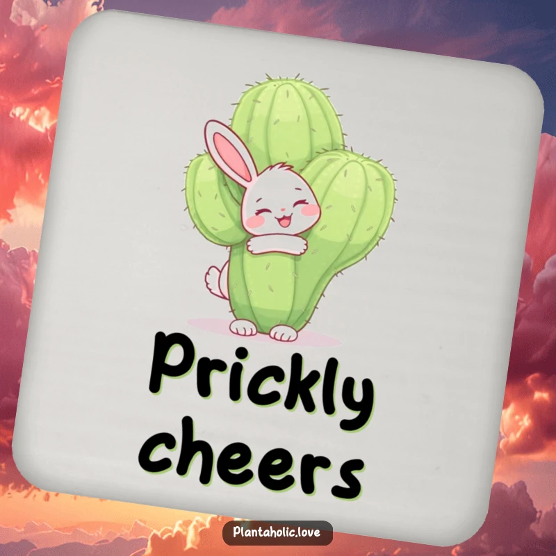 Funny bunny drink coaster featuring a cheerful bunny joyfully hugging a large, fuzzy cactus with a smile, adding quirky charm.