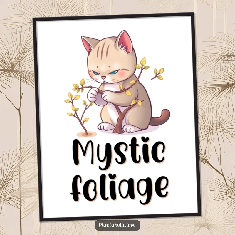 Funny Cat Pruner Poster showing a determined cat pruning a miniature tree with glowing leaves.