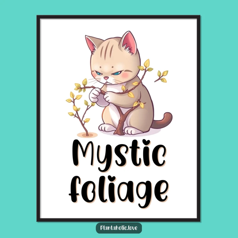 Funny Cat Pruner Poster: Meticulous Feline & Glowing Leaves Wall Art