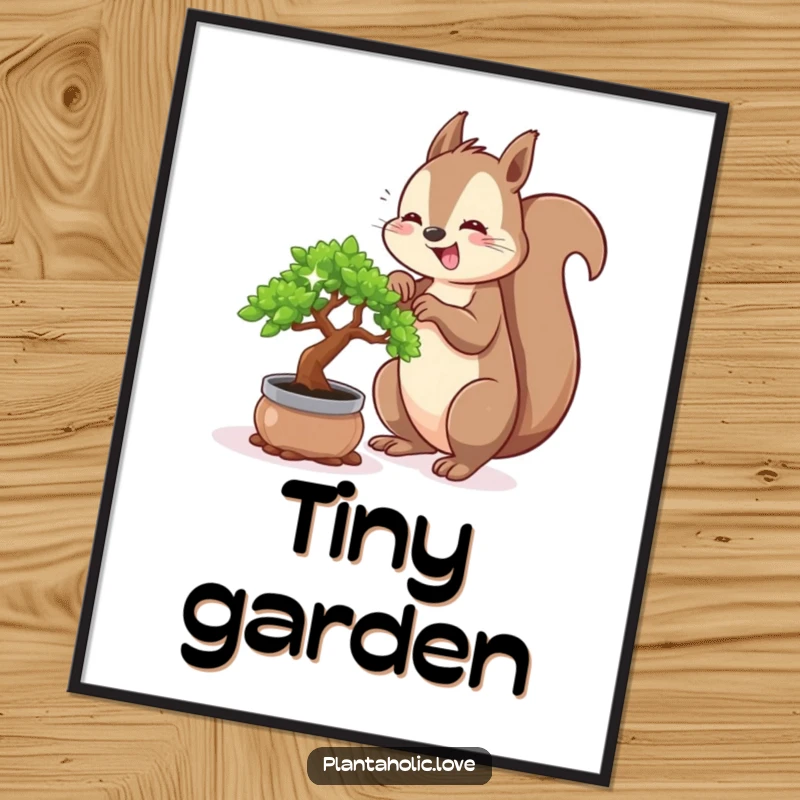 Funny squirrel poster showcasing a busy squirrel enthusiastically repotting a tiny, sparkling bonsai tree, a delightful garden scene.
