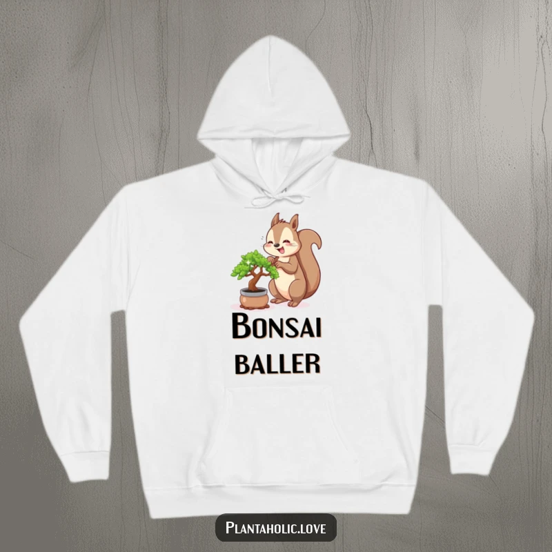 Funny squirrel hoodie featuring a busy squirrel enthusiastically repotting a tiny, sparkling bonsai tree, embodying horticultural joy.