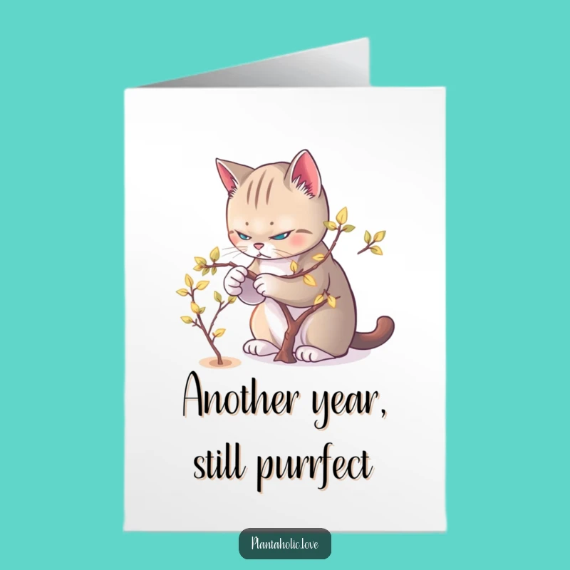 Free Printable Funny Cat Birthday Card: Focused Feline Pruning Glowing Leaves