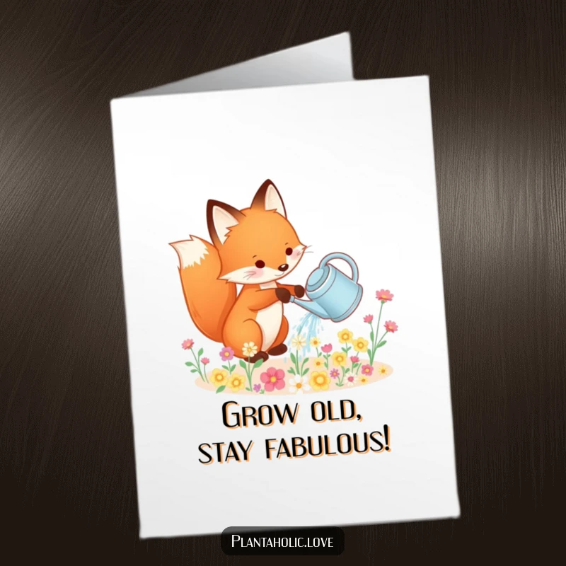 Funny Free Printable Birthday Card: A happy fox meticulously waters tiny flowers with a watering can, spreading joy.