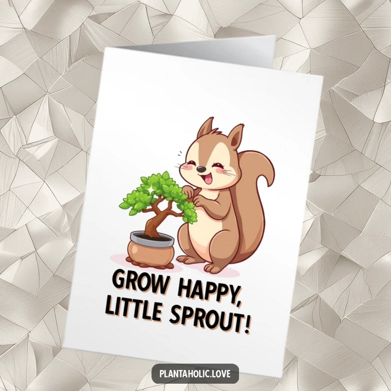 Funny Free Printable Birthday Card: Cheerful squirrel enthusiastically repots a tiny, sparkling bonsai tree.