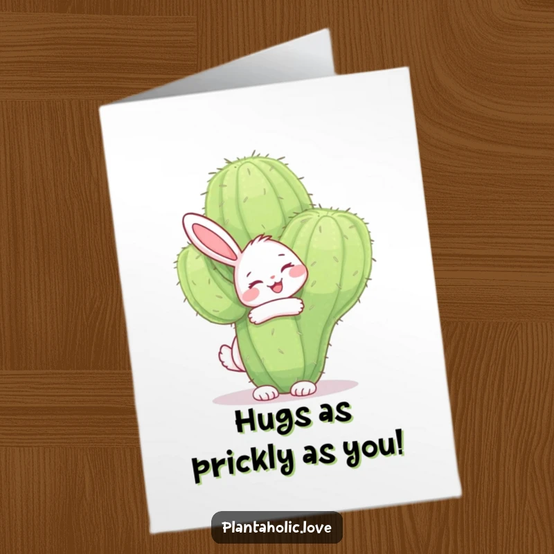 Funny Free Printable Birthday Card: Happy bunny joyfully embraces a large, fuzzy cactus with a big smile.