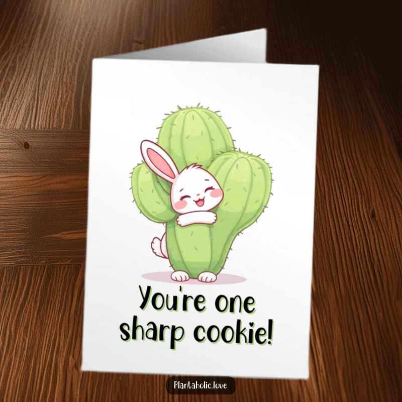 Funny Free Printable Congrats Card: Happy bunny joyfully hugs a fuzzy cactus, celebrating a success.
