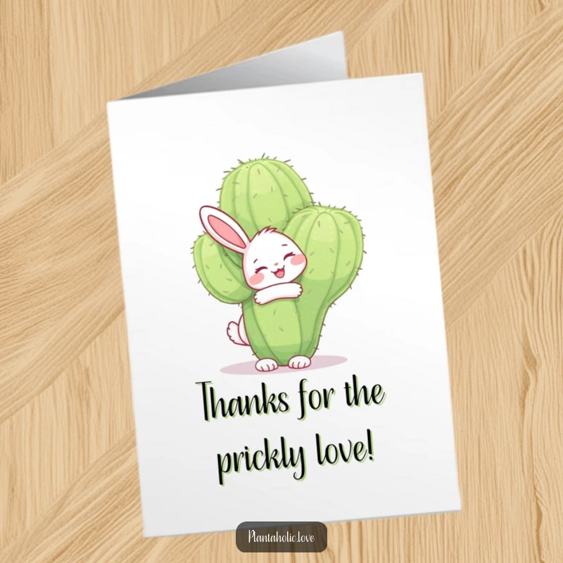 Funny Free Printable Thank You Card: Happy bunny gives a big hug to a fuzzy cactus with a smile.