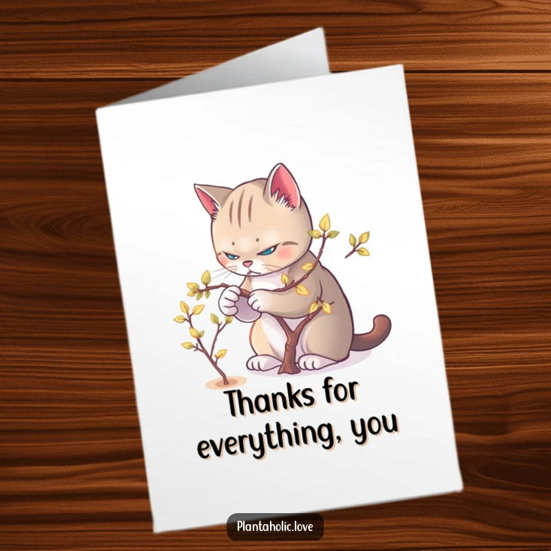 Funny Free Printable Thank You Card: A determined cat delicately prunes glowing leaves from a small tree, a symbol of thoughtful thanks.