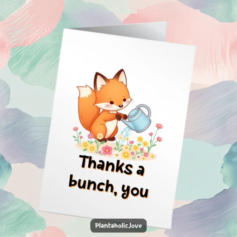 Funny Free Printable Thank You Card: A playful fox waters a profusion of small flowers, a gesture of thanks.