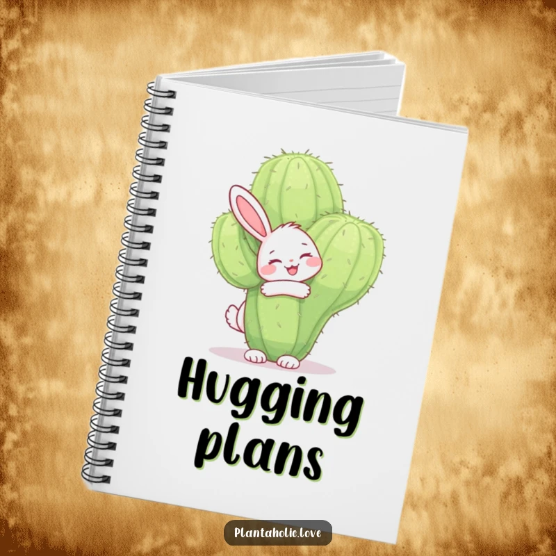 Funny bunny notebook cover featuring a happy bunny joyfully hugging a large, fuzzy cactus with a smile, inspiring sweet notes.