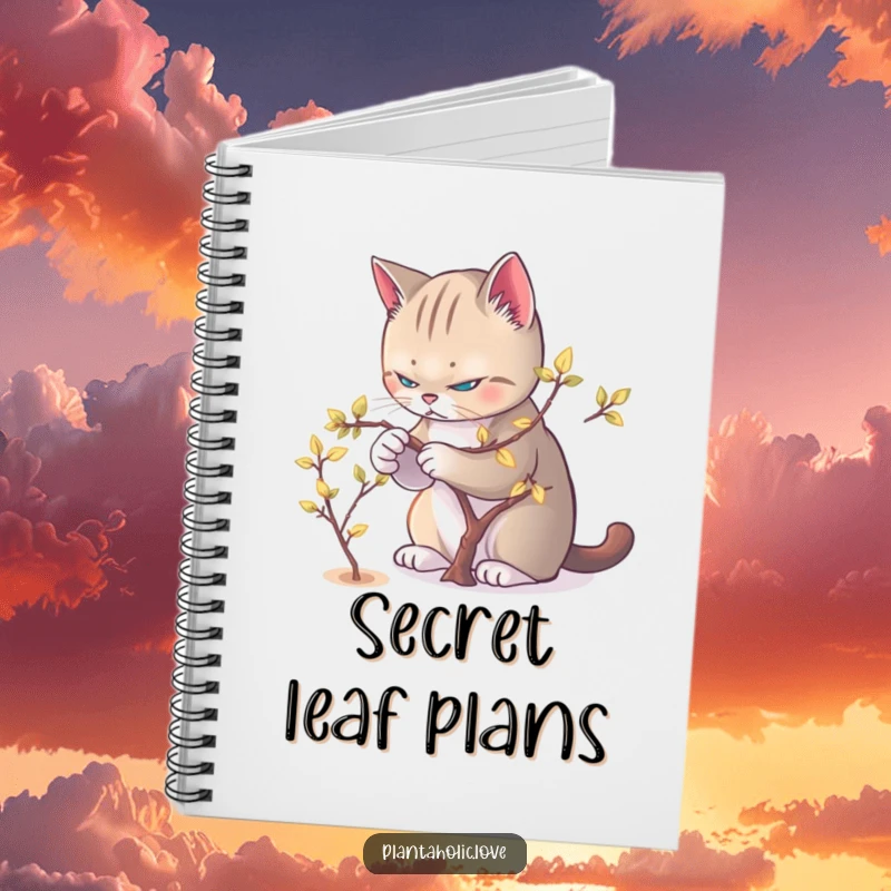 Funny Cat Pruner Notebook with a focused cat pruning a miniature tree with glowing leaves.