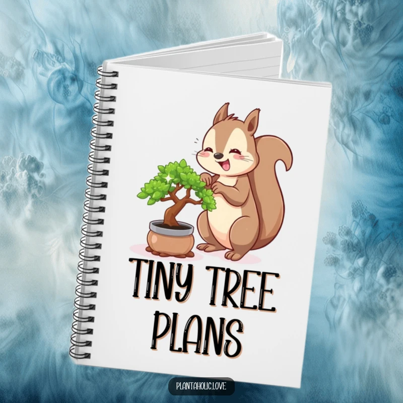 Funny squirrel notebook cover featuring a busy squirrel enthusiastically repotting a tiny, sparkling bonsai tree, inspiring green thoughts.