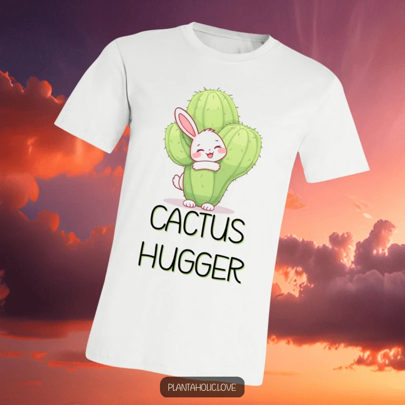 Funny bunny t-shirt showing a happy bunny joyfully hugging a large, fuzzy cactus with a smile, celebrating unconventional love.
