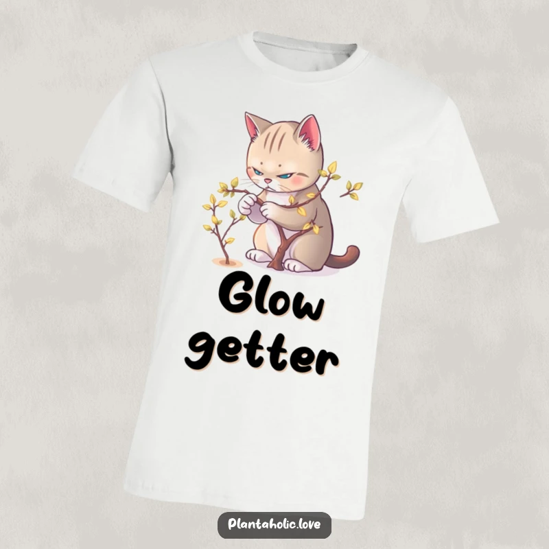 Funny Cat Pruner T-Shirt featuring a focused cat pruning a miniature tree with radiant leaves.