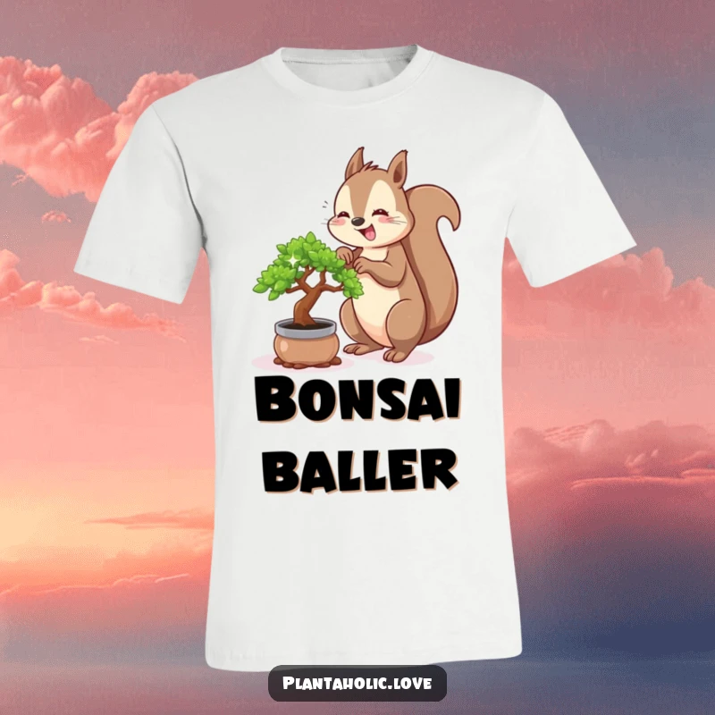 Funny squirrel t-shirt showing a happy squirrel enthusiastically repotting a tiny, sparkling bonsai tree, celebrating nature's beauty.