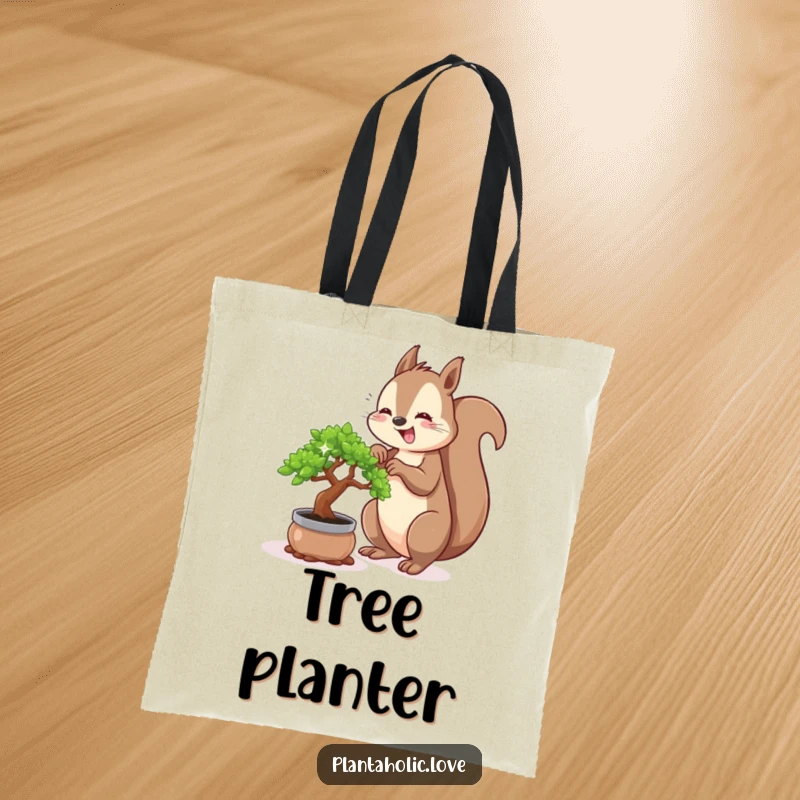 Funny squirrel tote bag illustrating a cheerful squirrel enthusiastically repotting a tiny, sparkling bonsai tree, perfect for green thumbs.